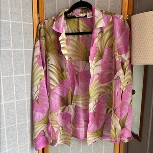 Vintage 90s Tommy Bahama Pink and Green Silk Blouse L